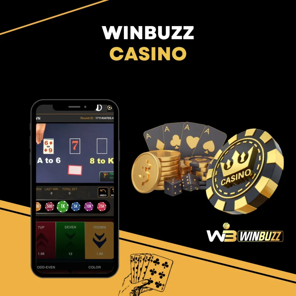 A WinBuzz Casino login promotional with a smartphone with the casino interface 