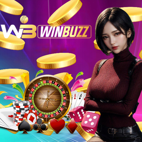 A vibrant promotional graphic for WinBuzz Casino login, featuring a stylish woman 