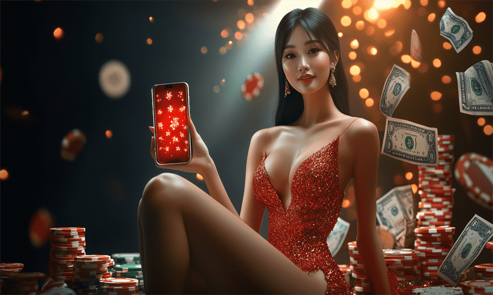 woman, smartphone displaying a Winbuzz Casino login app