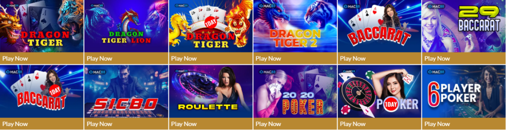 Various casino games like Dragon Tiger, Baccarat, Sic Bo, and Poker Winbuzz casino login